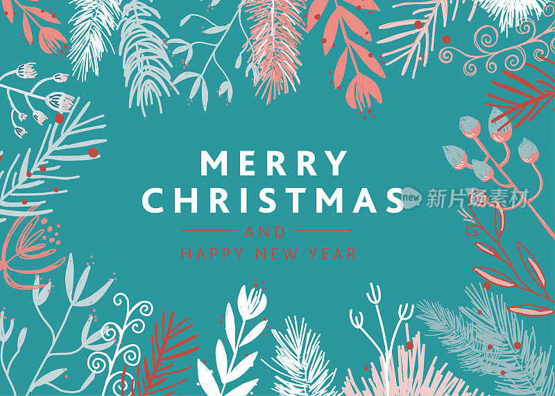 圣诞贺卡设计用花环树枝Merry Christmas型设计